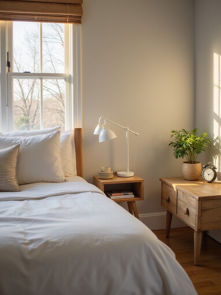 Bedroom featuring two different nightstand styles: modern minimalist and rustic wooden.