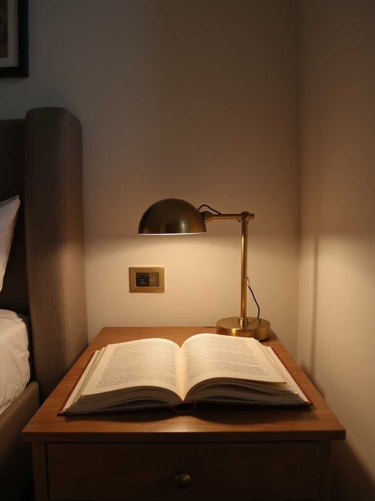Stylish brass task lamp on a nightstand with a book, providing warm and inviting light for reading.