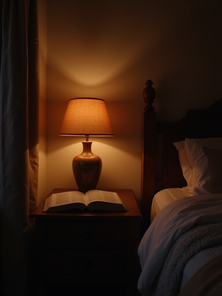 Cozy bedroom with a warm-toned bedside lamp providing gentle lighting.