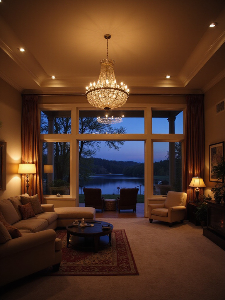 Living room ambient lighting featuring recessed lights, a chandelier, and floor lamps.
