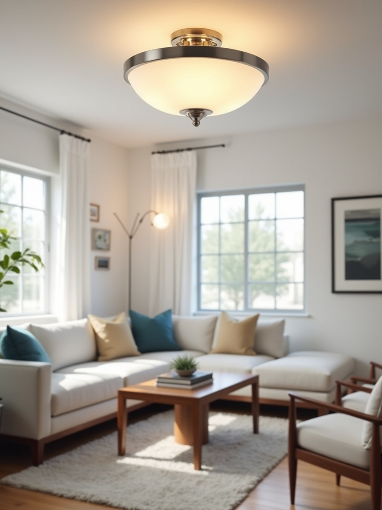 Modern living room with brushed nickel semi-flush mount light fixture providing ambient lighting