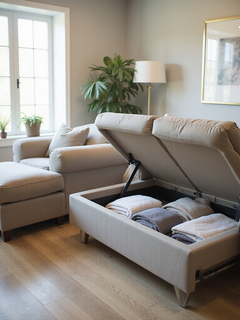 Living room featuring a sectional couch with storage and a recliner.
