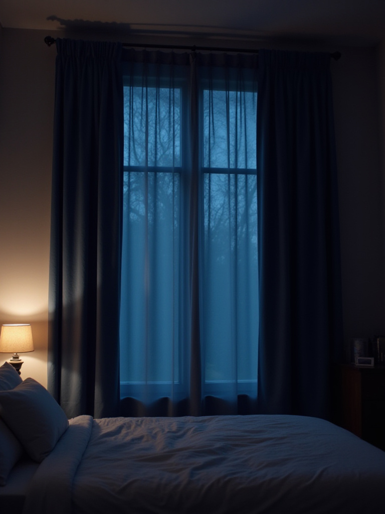 Bedroom with dark blue blackout curtains blocking out all external light, creating a cozy and peaceful atmosphere.
