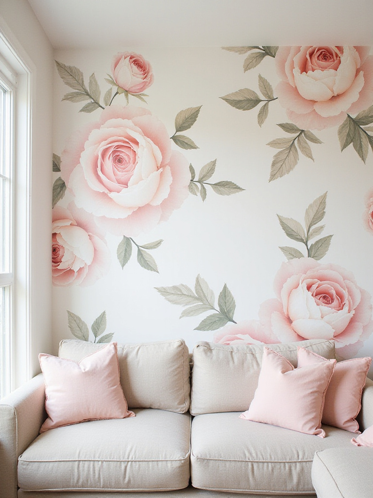 Living room with pink floral wallpaper accent wall creating a romantic atmosphere