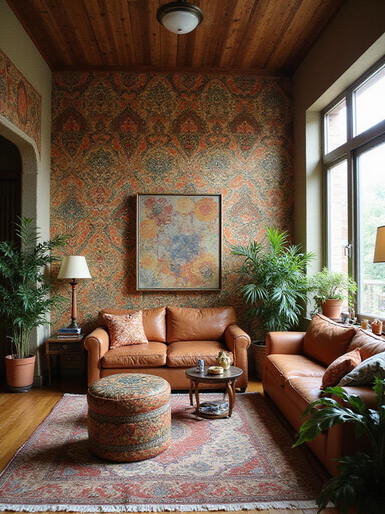 Living room with a bohemian wallpaper accent wall featuring paisley, floral, and geometric patterns.