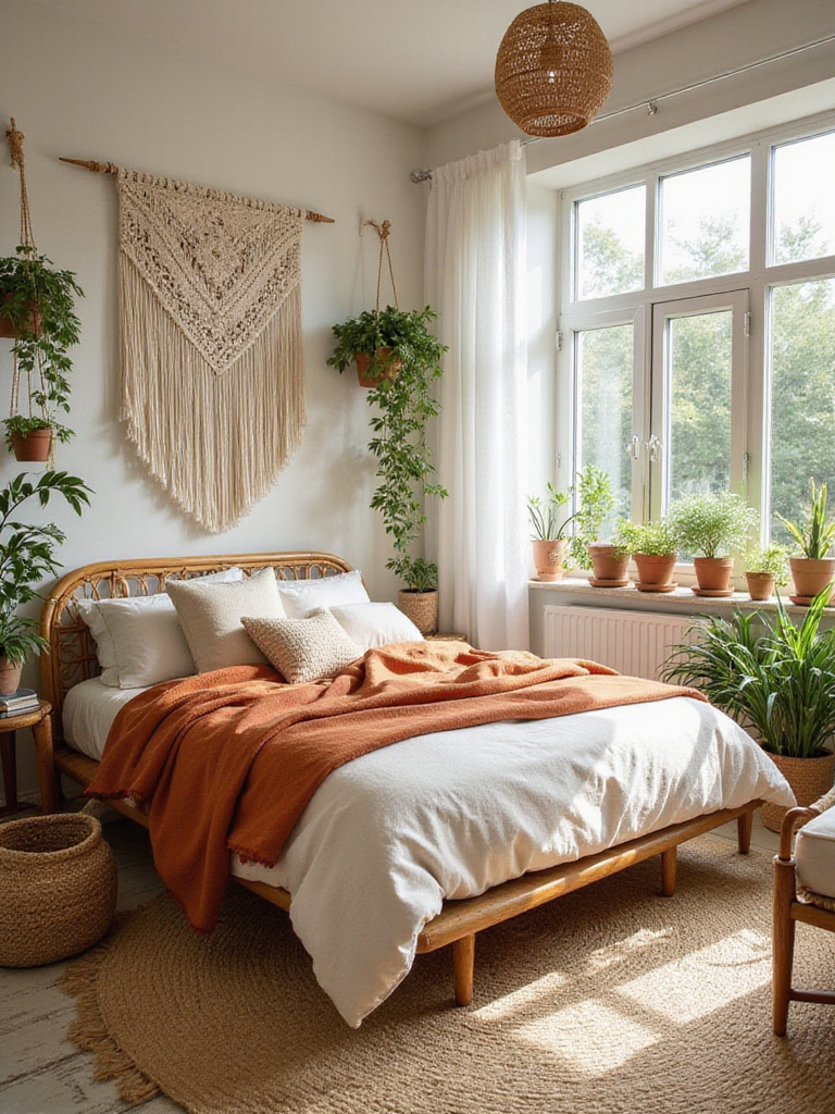 Bohemian bedroom with macrame wall hanging, layered bedding, and earthy textures.