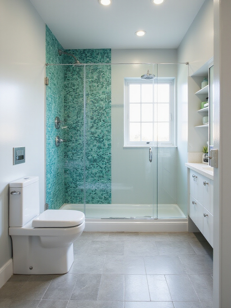 Bathroom featuring vibrant mosaic tile shower accent wall