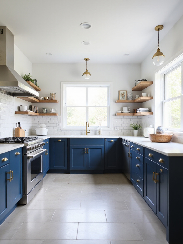 Modern kitchen with navy blue cabinets and white countertops