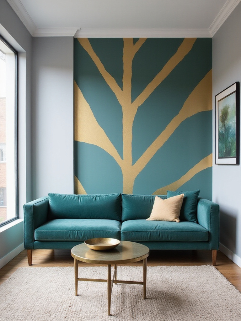 Living room with teal and gold geometric wallpaper accent wall.