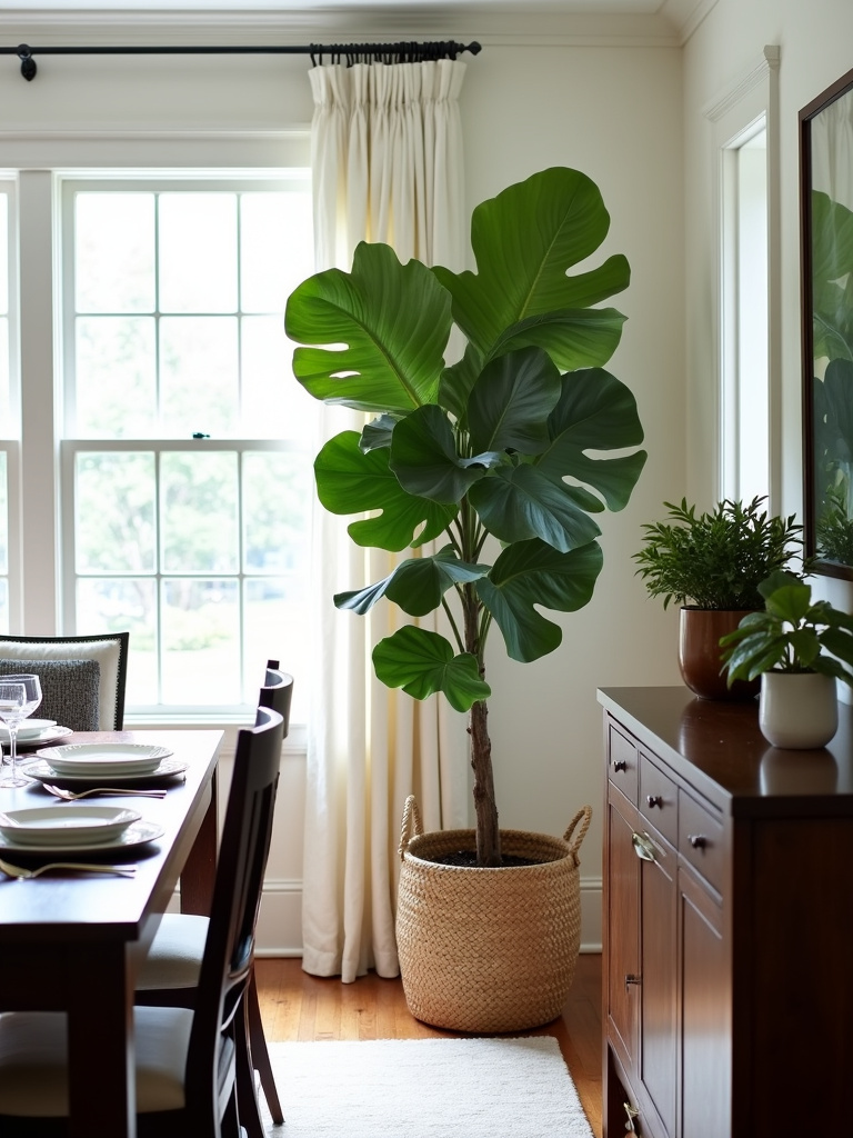 Dining room decor with lush greenery and plants, including a Fiddle Leaf Fig, Snake Plant, and Pothos.