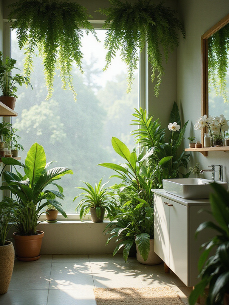 Bathroom interior with lush green plants creating a natural oasis