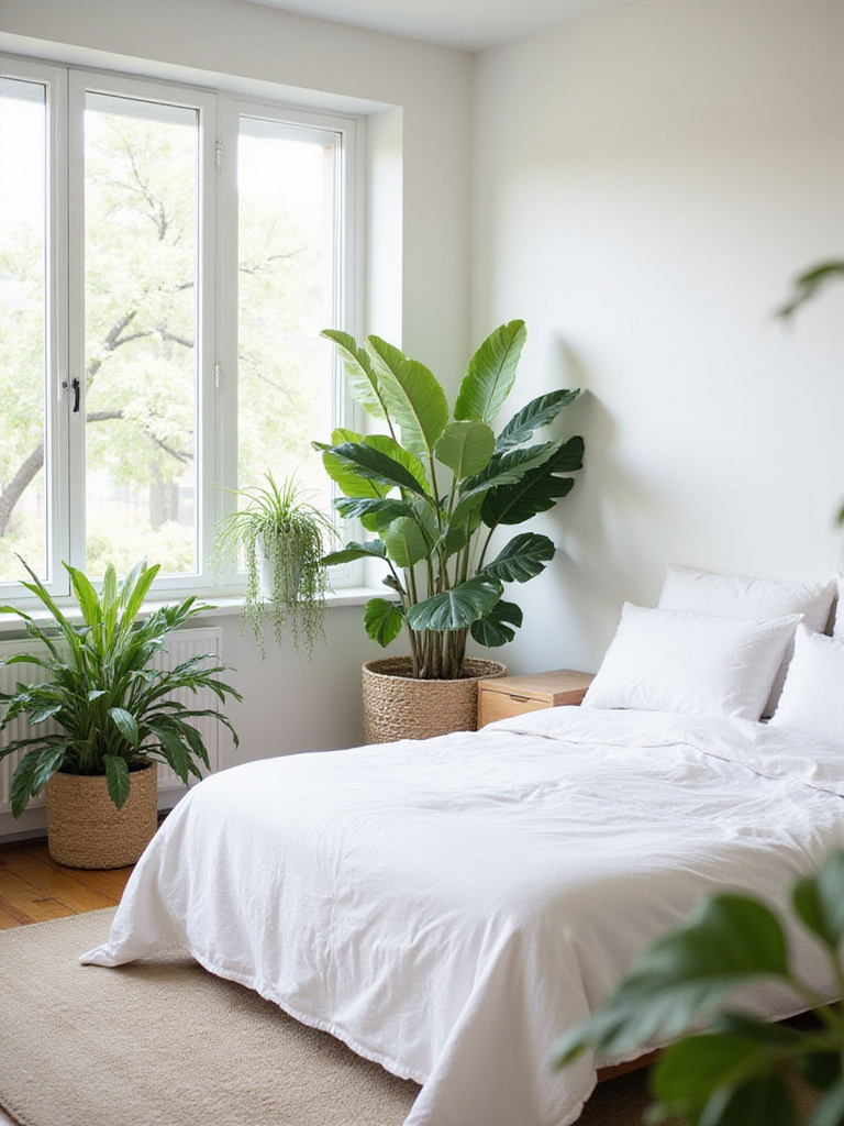 Bedroom interior with white linens and various green houseplants adding a touch of nature.