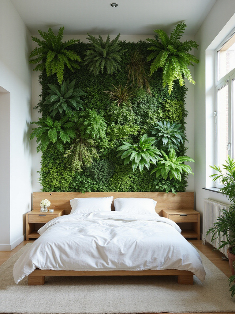 Lush vertical garden in a modern bedroom, bringing nature indoors for a calming and refreshing atmosphere.