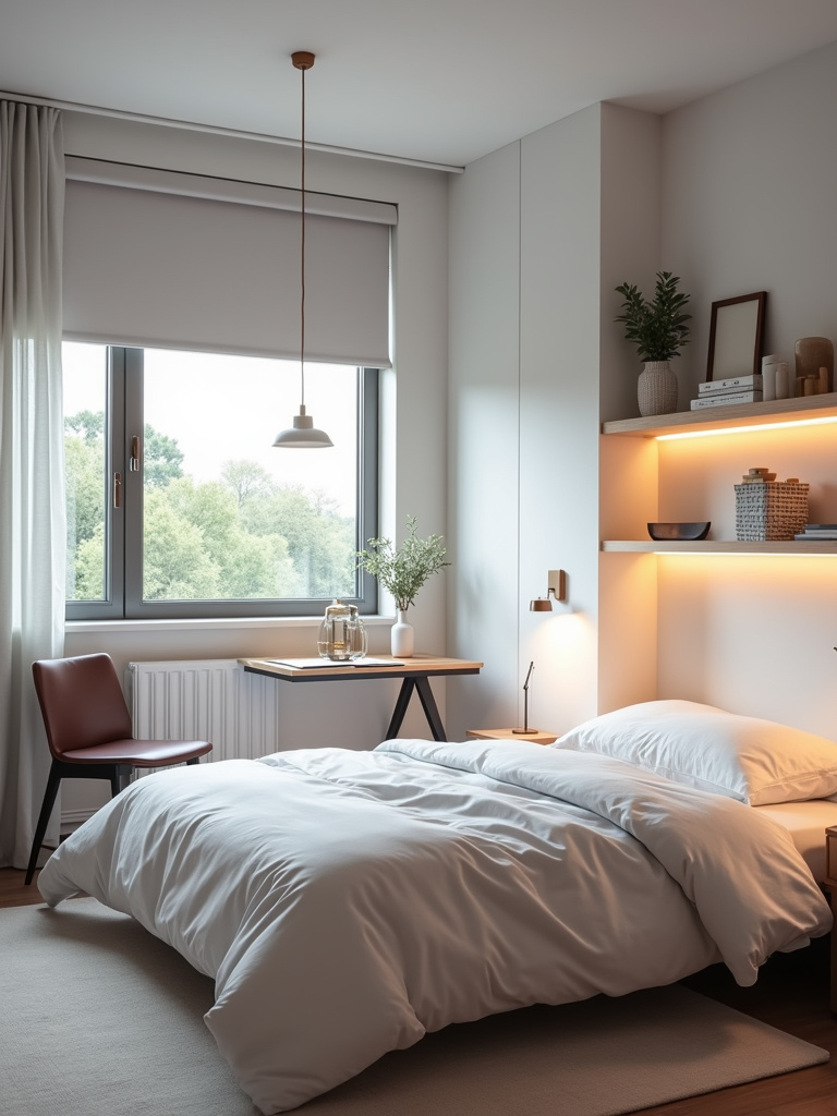 Small bedroom design with smart lighting solutions including wall sconces, LED strip lights, and a pendant light.