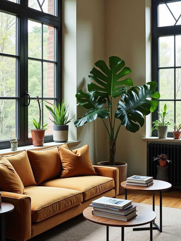 Luxurious living room with lush indoor plants, velvet sofa, and modern décor.