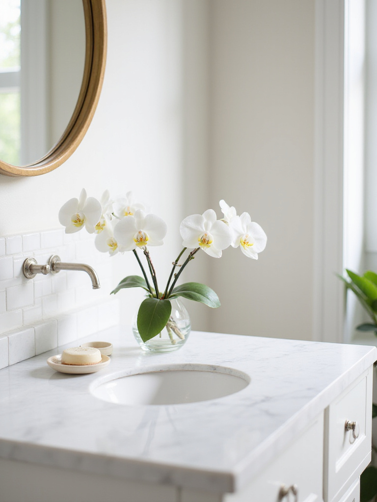Bathroom vanity decorated with a small vase of white orchids