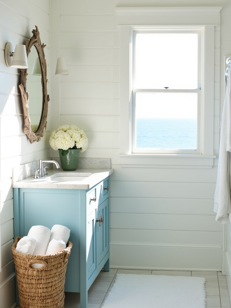 Coastal bathroom decor with white shiplap, light blue vanity, and driftwood mirror.