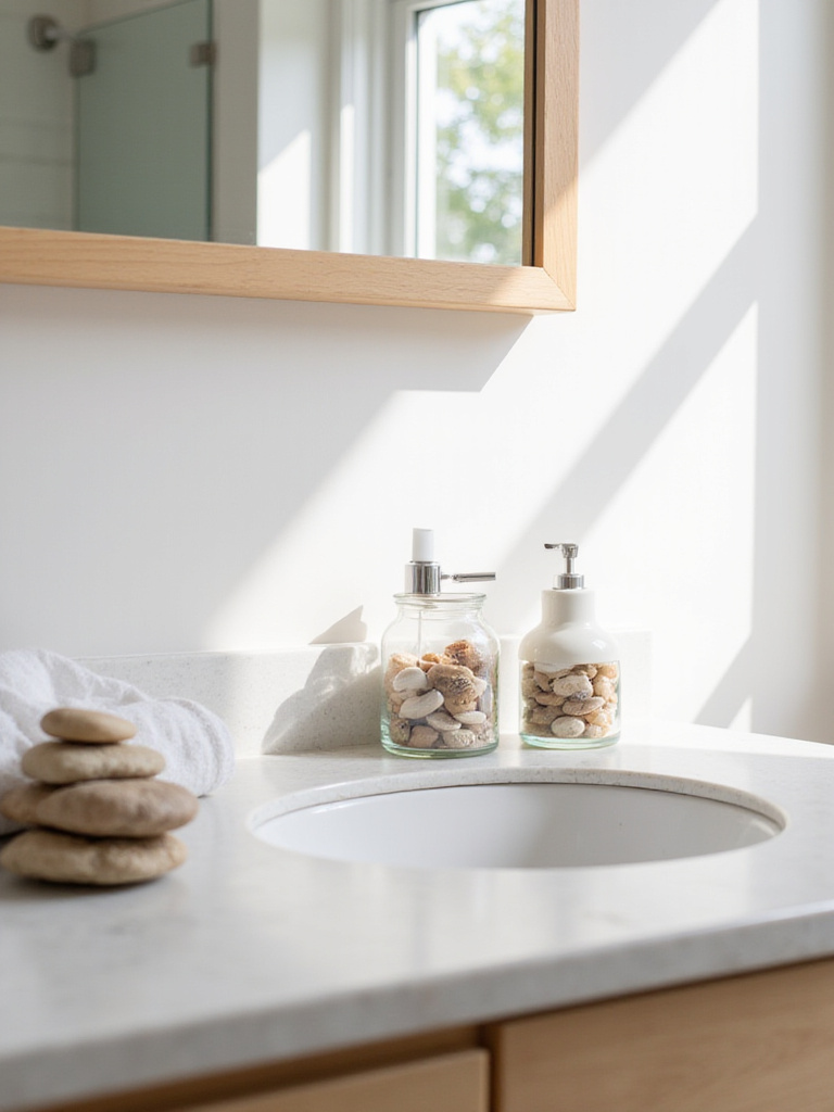Bathroom vanity featuring seashell and river stone decor