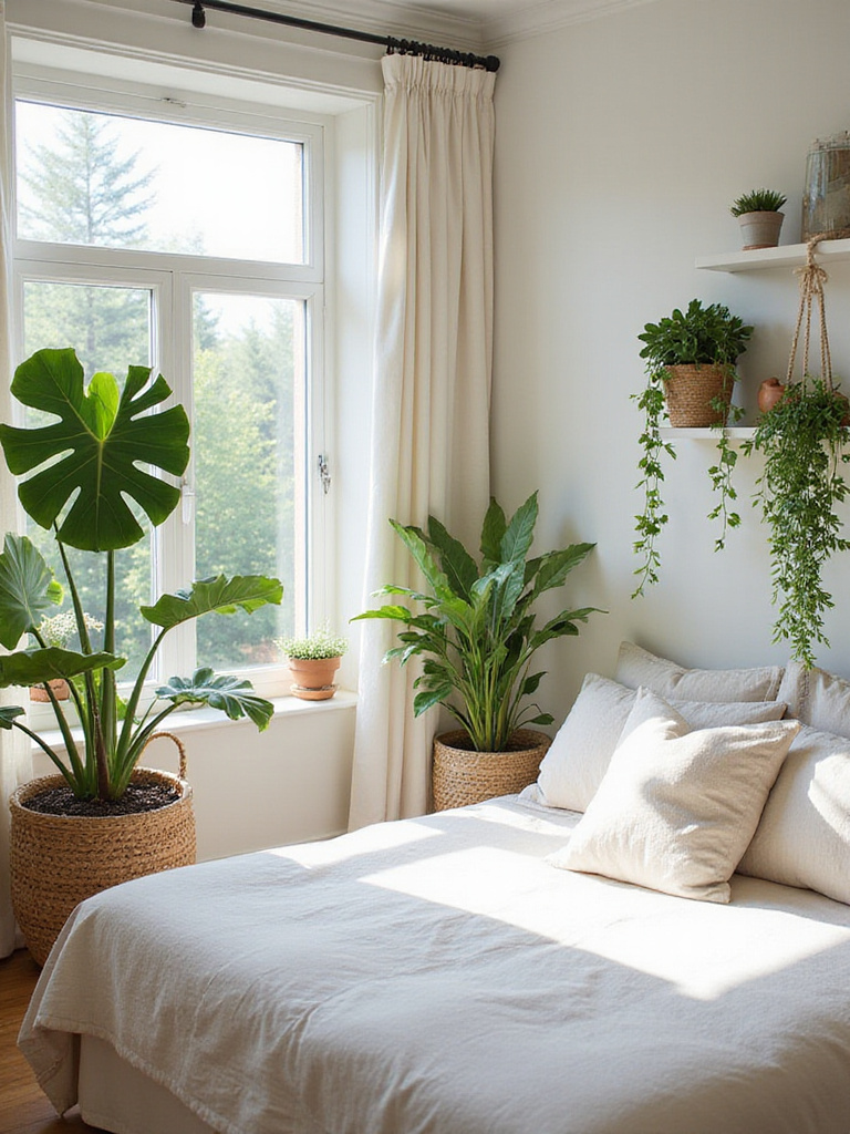 Bedroom with lush greenery and natural light