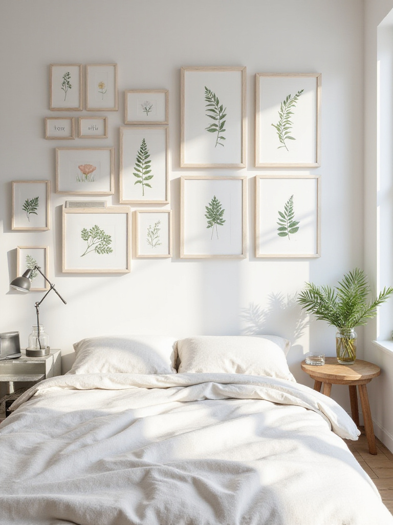Bedroom wall with botanical print gallery wall showcasing ferns, leaves, and flowers.