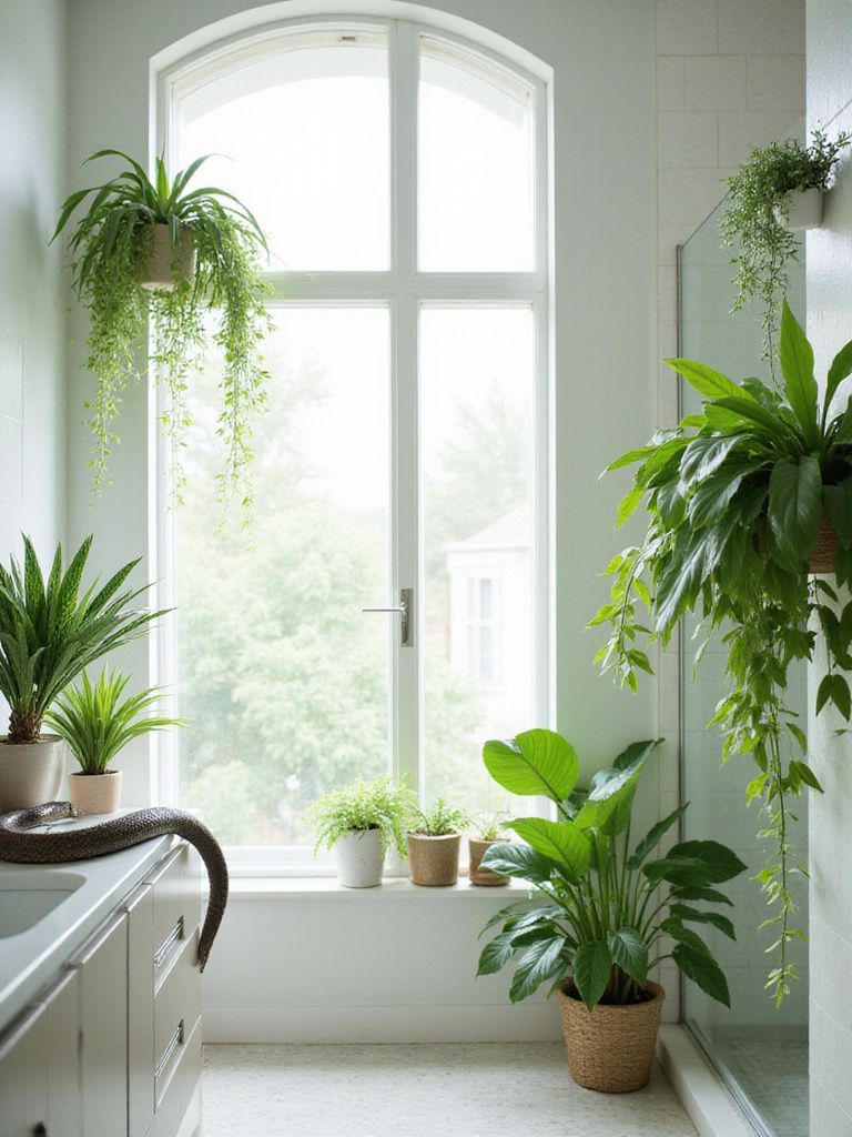 Bathroom interior design featuring lush indoor plants for a refreshing and tranquil space