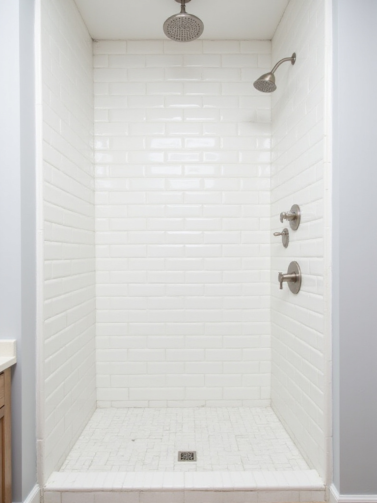 Modern bathroom with affordable white ceramic subway tile shower surround.