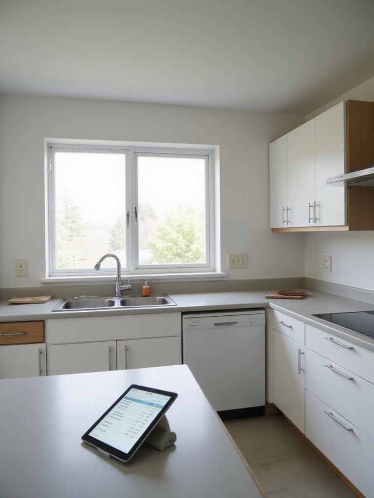 Kitchen remodel in progress, showing the contrast between old and new sections with a budget spreadsheet displayed on a tablet.