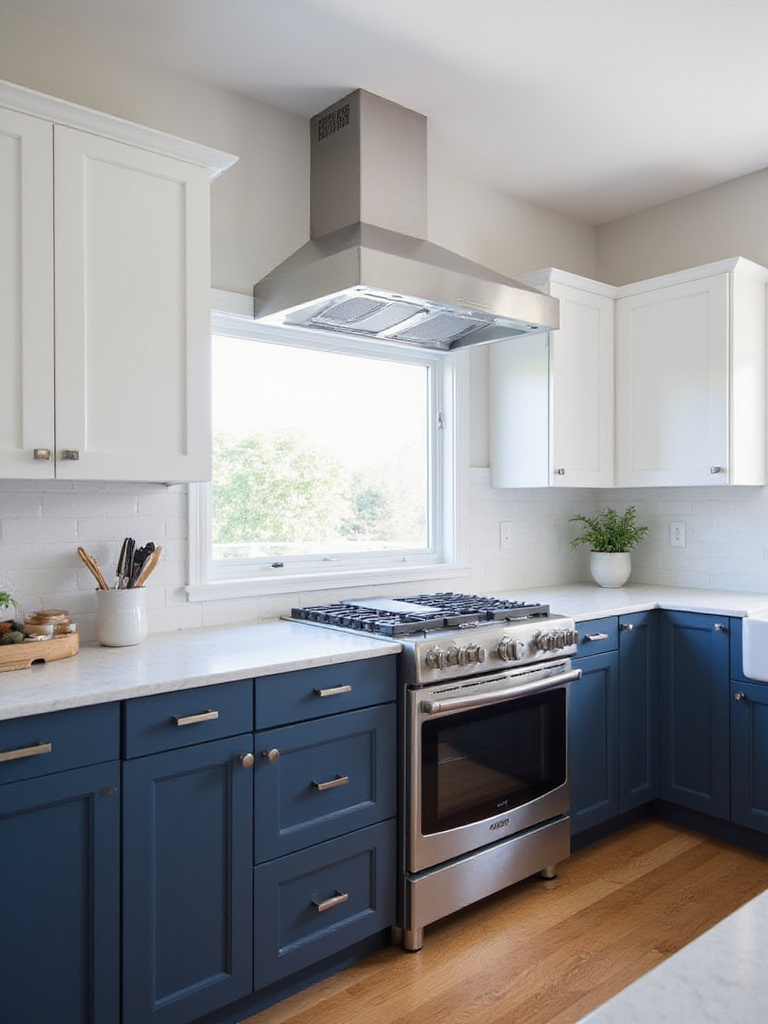 Modern kitchen featuring two-tone cabinets with pull-out storage solutions.