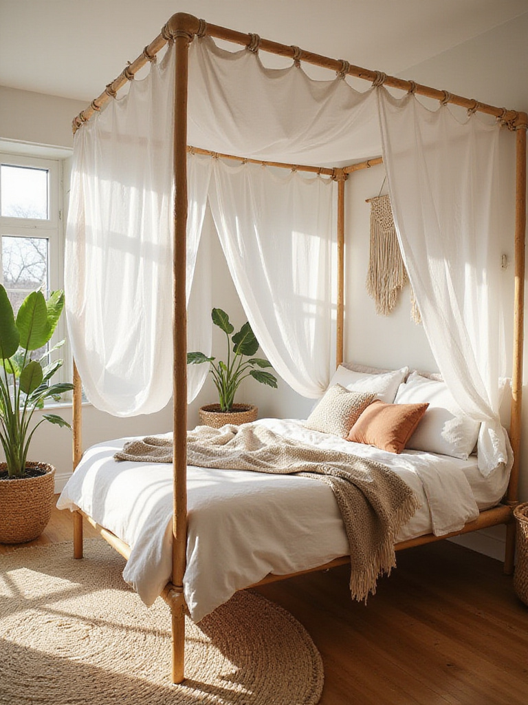 Boho bedroom with a canopy bed draped in sheer white fabric.