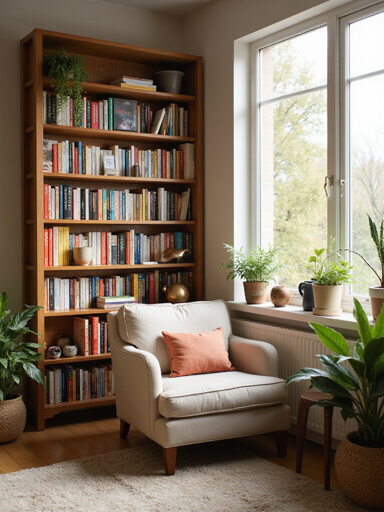 Cozy reading nook in a bedroom with armchair, bookshelf, and soft lighting