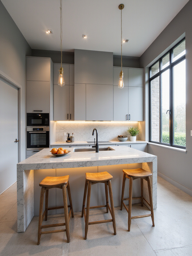 Modern luxury kitchen with marble breakfast bar and pendant lighting