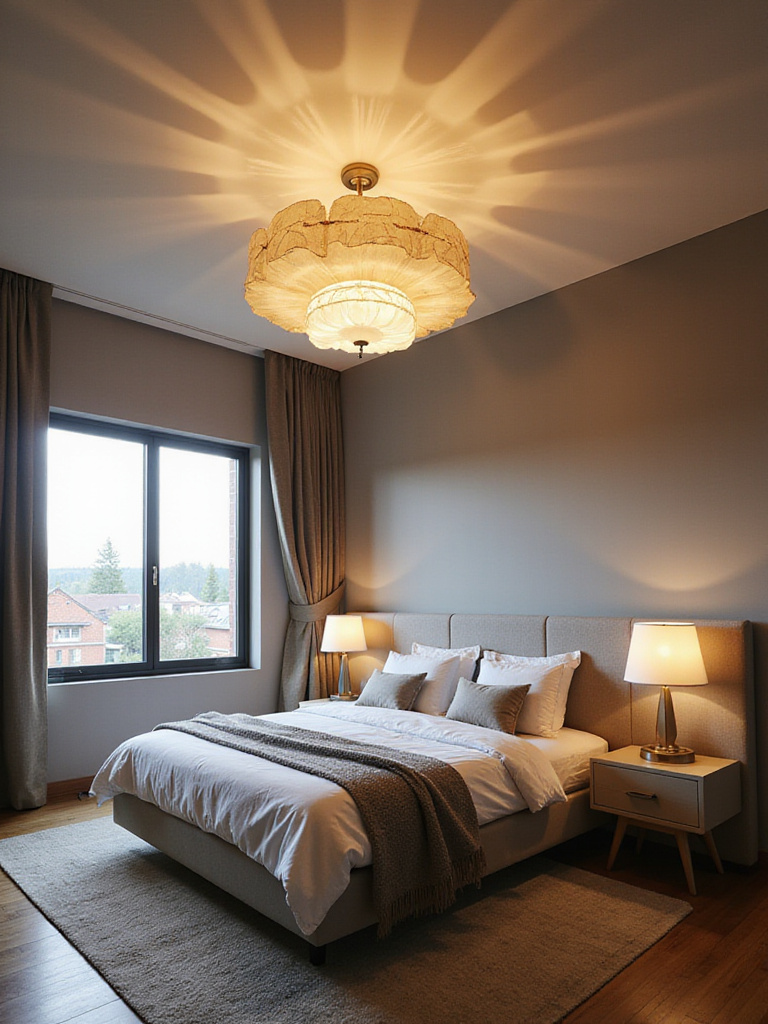 Bedroom with a bold statement ceiling fixture