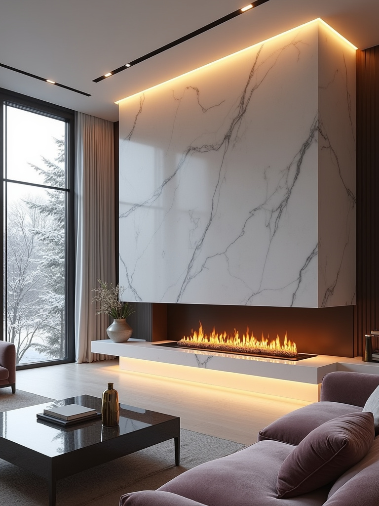 Luxurious living room featuring a centerpiece Carrara marble fireplace.