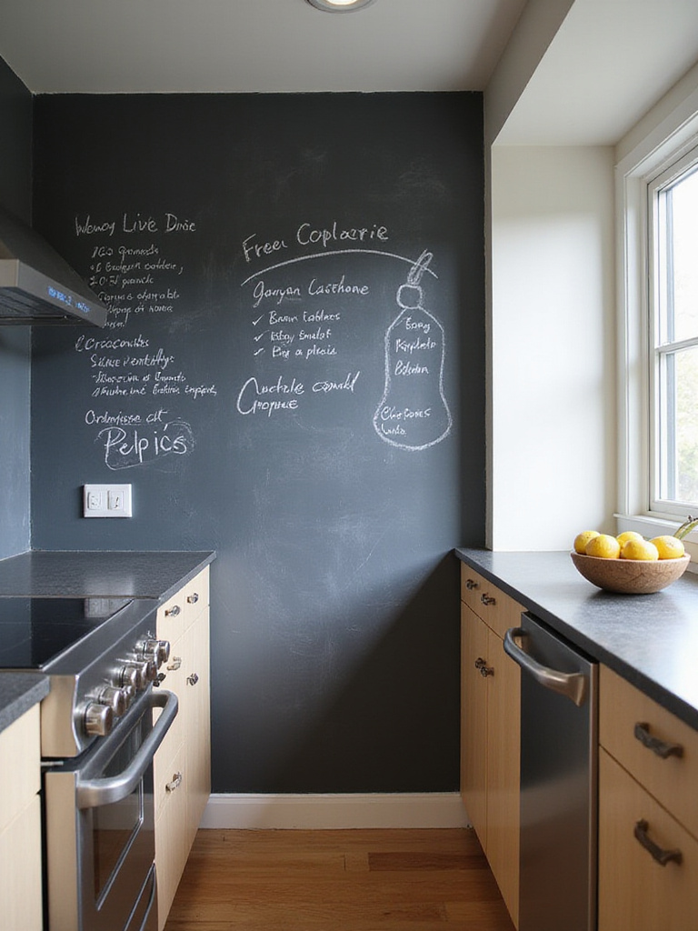 Modern kitchen with a dark gray chalkboard paint wall displaying handwritten recipes and grocery lists.
