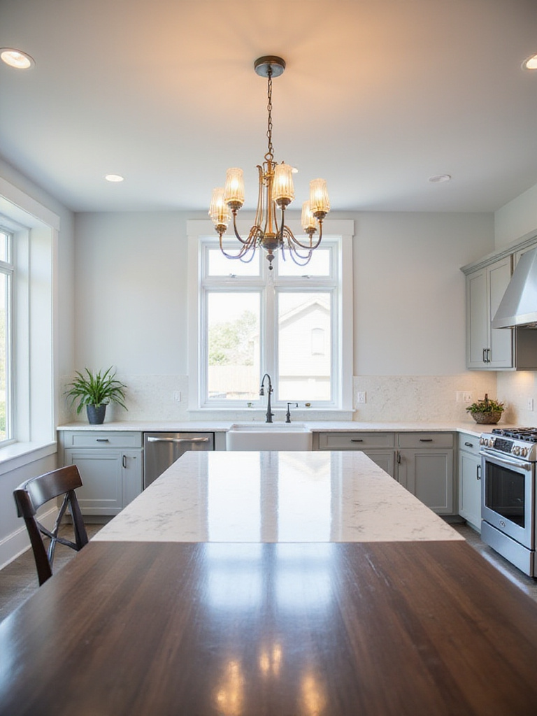 Modern kitchen with a sleek chandelier over a dark wood dining table.