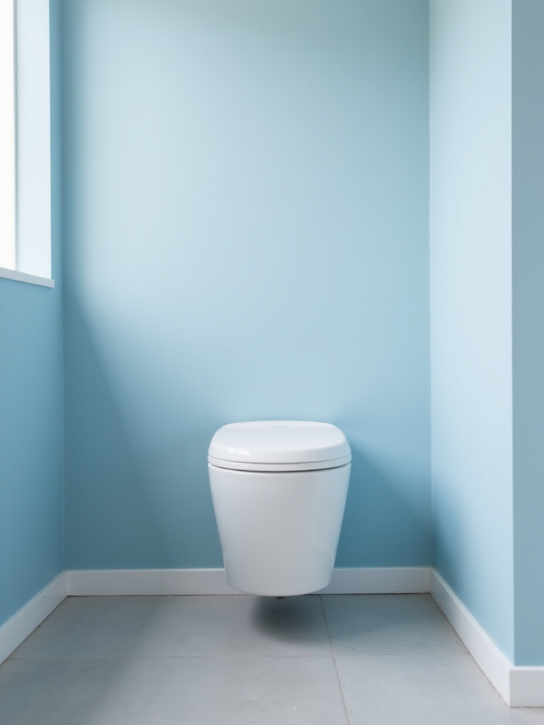 Small bathroom featuring a space-saving wall-mounted toilet with a round bowl