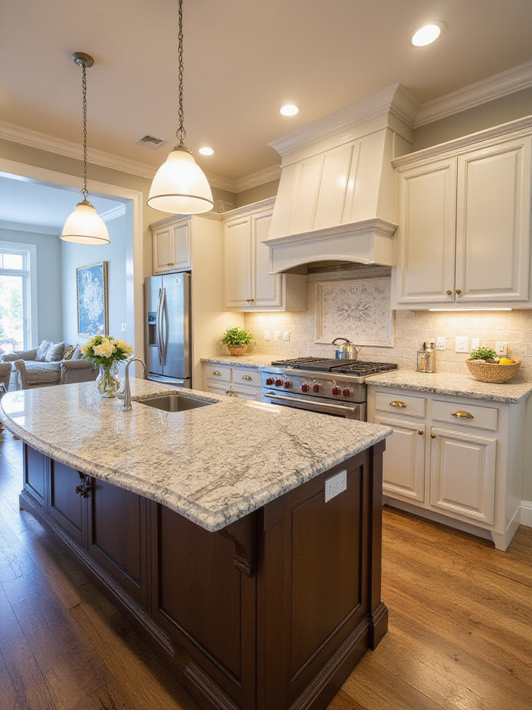 Traditional kitchen interior featuring marble and granite countertops.