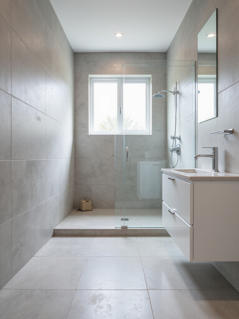 Small bathroom featuring large gray tiles on walls and floor, creating a spacious feel.