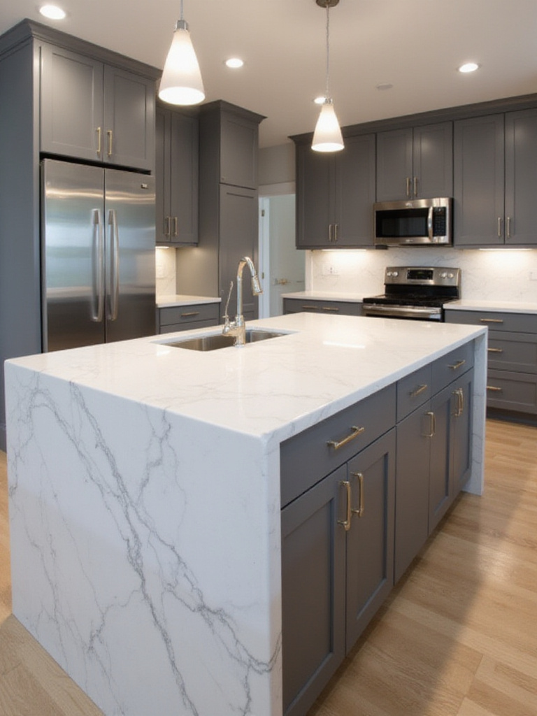 Modern kitchen island with white quartz countertop and dark gray cabinets.