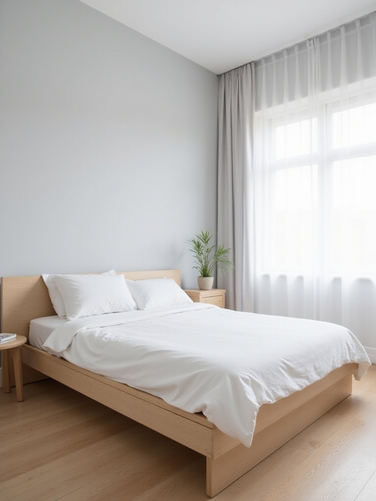 Minimalist bedroom featuring a low platform bed with light wood frame.