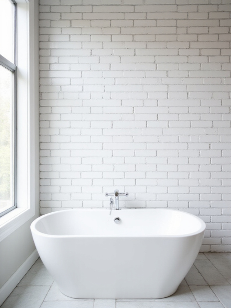 Bathroom featuring classic white subway tile with dark grout and a freestanding bathtub