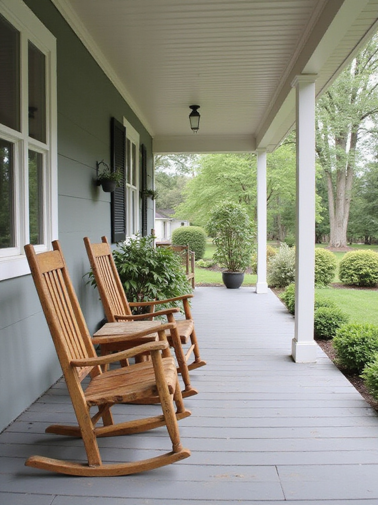 Classic wooden rocking chairs on a welcoming front porch.