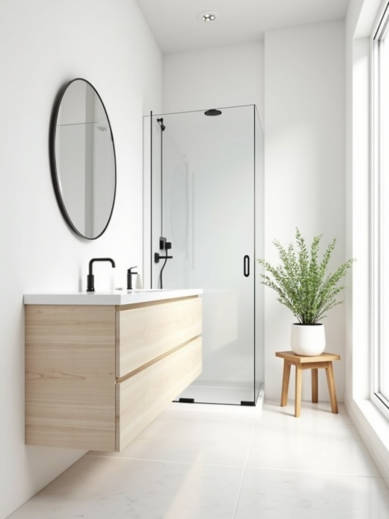 Scandinavian bathroom design with clean lines, light wood vanity, and ample natural light.