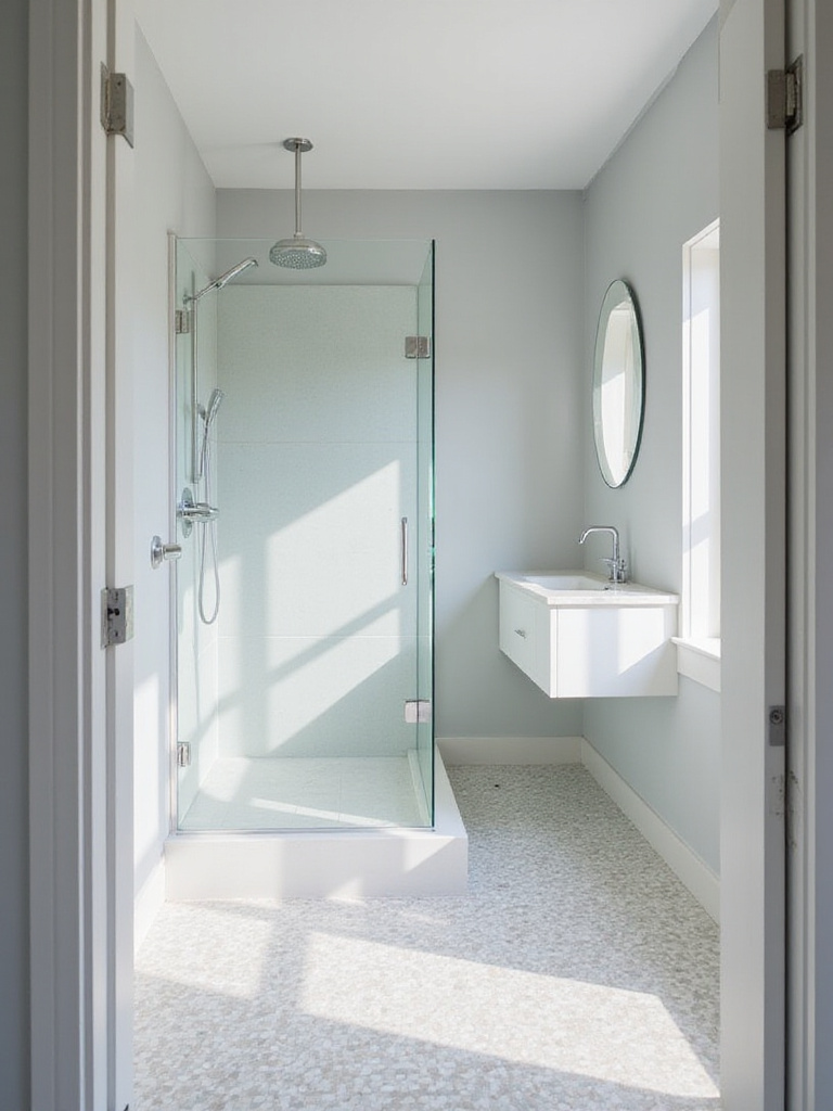 Small bathroom design with clear glass shower enclosure for an open and airy feel