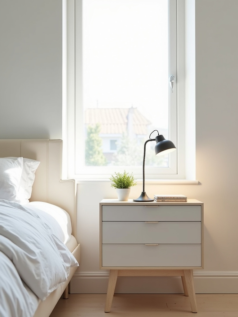 Small bedroom with clear nightstand showcasing minimalist design for maximizing space.