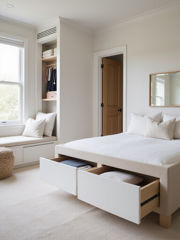 Minimalist bedroom with concealed storage solutions including platform bed drawers and hidden window seat storage.