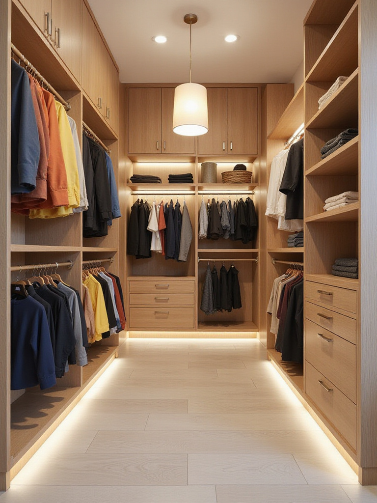 Well-lit walk-in closet with organized clothing and LED strip lighting for easy outfit selection