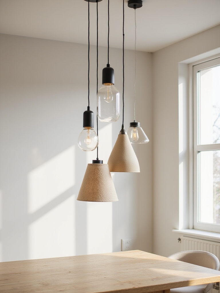 Cluster of pendant lights hanging above a modern kitchen table.