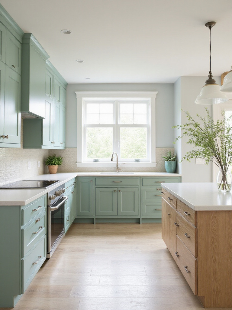 Coastal kitchen with seafoam green cabinets and white countertops.