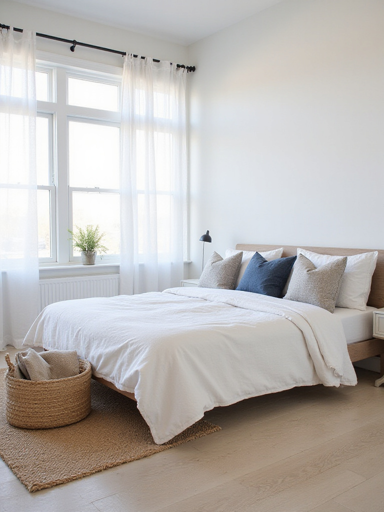 Coastal bedroom with white linen bedding, light wood floors, and natural light